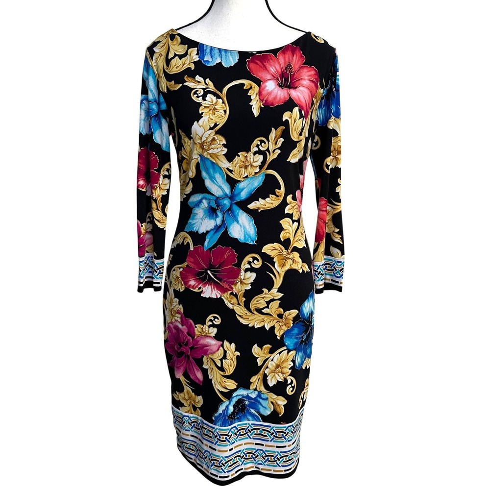 VTG Cache Sheath Dress 2 Floral Baroque Black Gold Mob‎ Wife Bodycon Maximalist